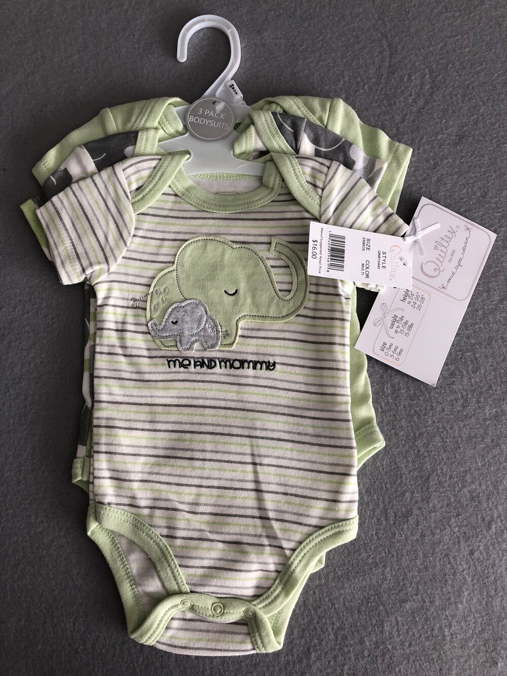 Quiltex 3-Pack Bodysuits in Green Infant 3 to 6 Months NEW